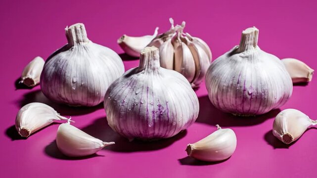 Close-up shot of several garlic bulbs and cloves on a vibrant pink background, displaying the texture and detail of the bulbs