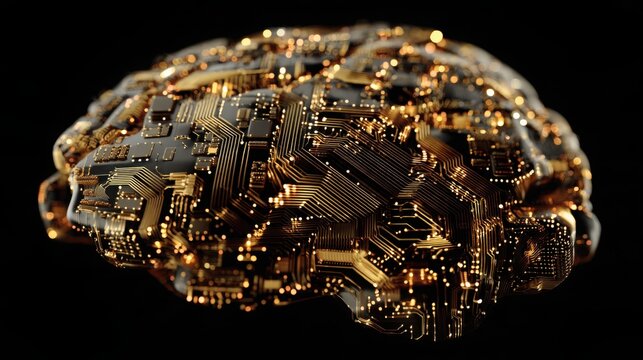 luxurious futuristic artificial intelligence brain formed from intricate golden electronic circuit traces, polished metallic contacts and miniature