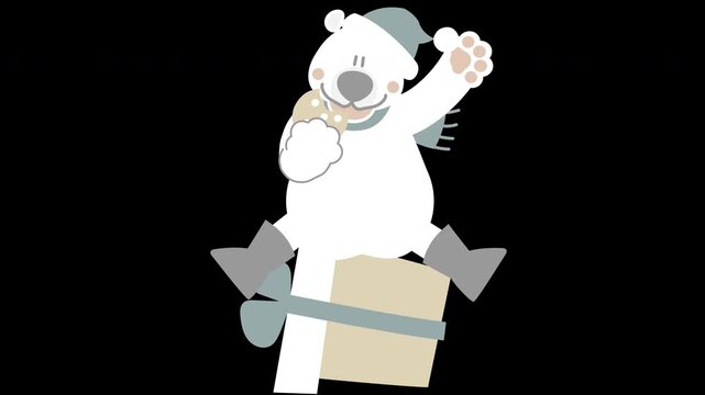animated video happy christmas holiday festival with bear eating cookie on gift box, overlay transparent prores 4444 4K	