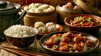 Fototapeta premium Variety of Asian Dishes with Rice and Steamed Dumplings Displayed