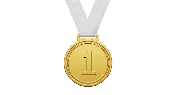 Golden medal with number one on white ribbon during studio lighting for award or achievement concept
