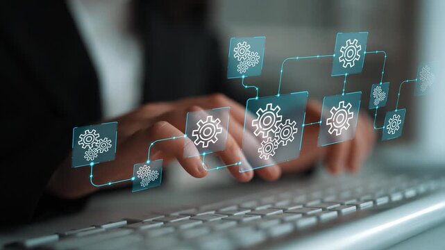 Hands typing on a keyboard with digital gears and technology interface, representing automation, innovation, and workflow optimization in a modern workspace. Entropy.