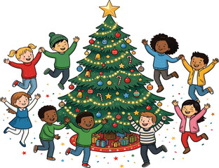 Fototapeta premium Multiethnic Children Celebrating and Dancing Merrily Around an Evergreen Christmas Tree with Star Topper and Wrapped Gifts Clipart Graphic