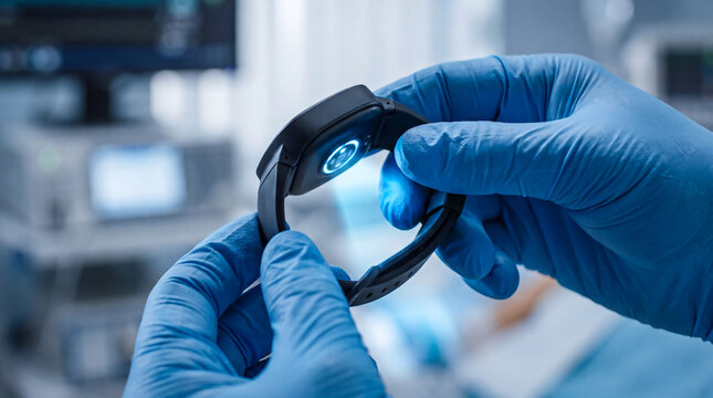 Medical professional in blue gloves holding a digital health monitoring wearable device in a hospital