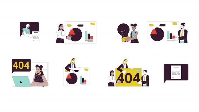 Business analytics with 404 error cartoon animation pack. Data analysis presenters. Creative idea. Digital workplace. Pie chart report animated flat 4K video collection on transparent background