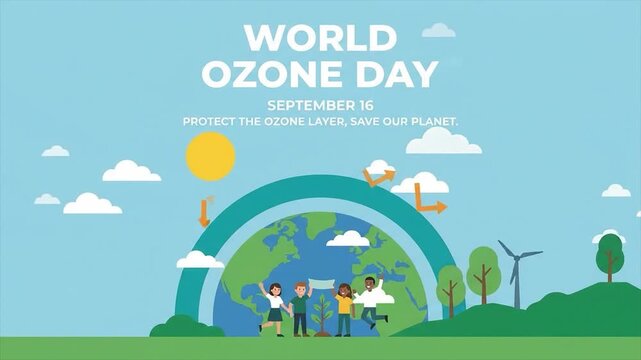 World ozone day banner on september 16. Protect ozone layer and save our planet concept animation. People standing together for environmental campaign.