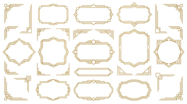 Set of art deco gold frames and corners, vintage geometric border elements for wedding invitations, luxury vector design templates