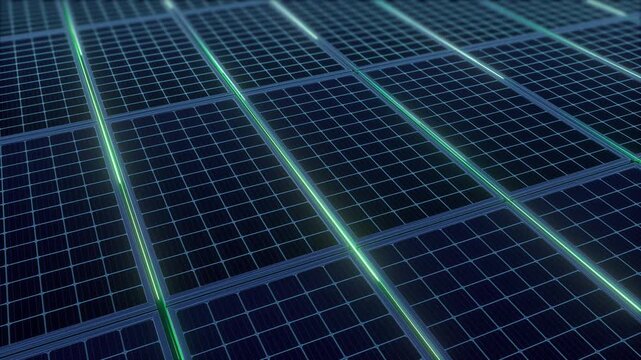 A digital grid of solar panels with glowing green energy lines flowing between the cells, designed for a renewable energy presentation backdrop or a widescreen technology video.
