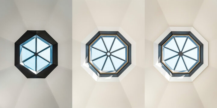 Three octagonal skylights with different frame colors and geometric grids on ceiling surface