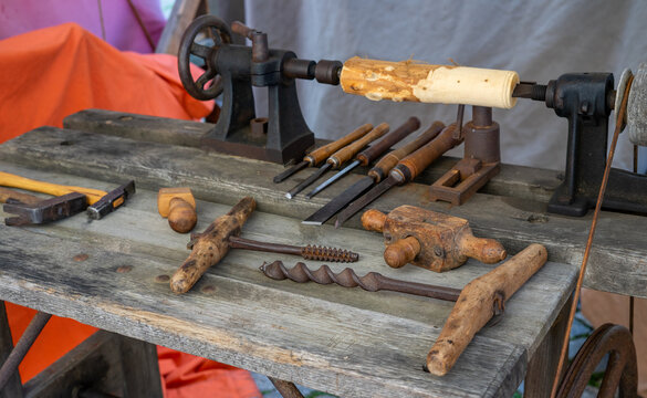 Old Workbench with Antique Tools from a Bygone Era