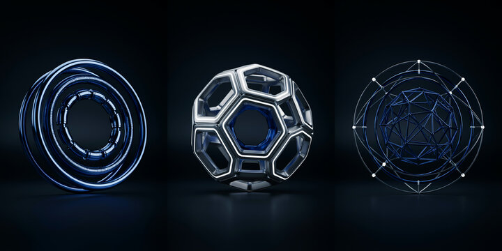Three futuristic spherical with geometric patterns and blue led lighting accents