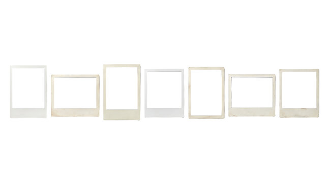 Seven old polaroid photo frames isolated on transparent background