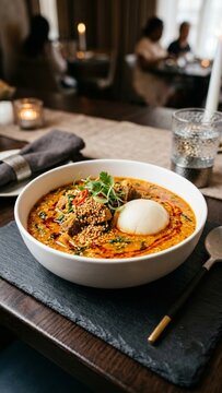 Traditional West African peanut stew with fufu served in a modern restaurant with warm lighting