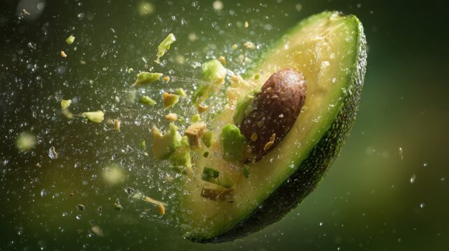 spectacular extreme macro high speed photograph of a ripe avocado being sliced open, creamy green flesh separating dramatically, tiny fragments