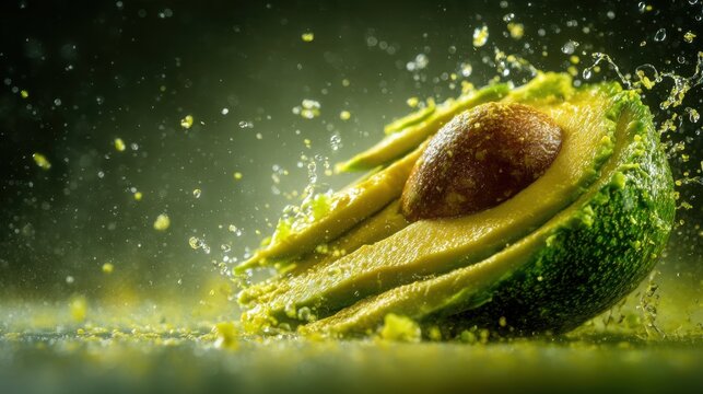 spectacular extreme macro high speed photograph of a ripe avocado being sliced open, creamy green flesh separating dramatically, tiny fragments
