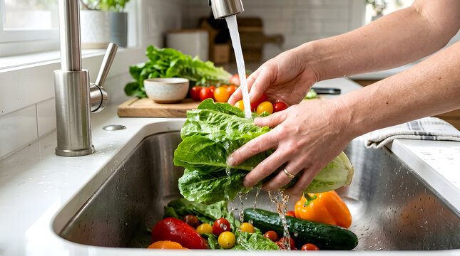 Close-up of adult hands washing fresh vegetables under clean running tap water at a modern kitchen sink, carefully rinsing leafy greens, tomatoes, cucumbers, and colorful salad ingredients before meal