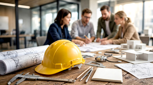 Professional architects and engineers collaborating on a modern building development, gathered around a large worktable while reviewing architectural blueprints, and discussing design plans. 