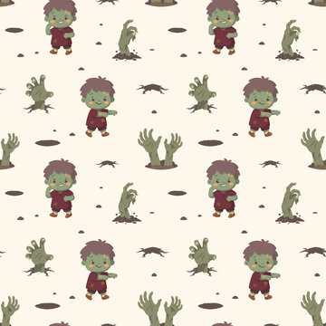 Little Zombie Boy Walking Creepy Zombie Hand From Underground Seamless Pattern, Ground Crack Hole Halloween Repeating Background Wallpaper Textile Fabric Cute Nursery Graphic, Pajamas Flat Vector