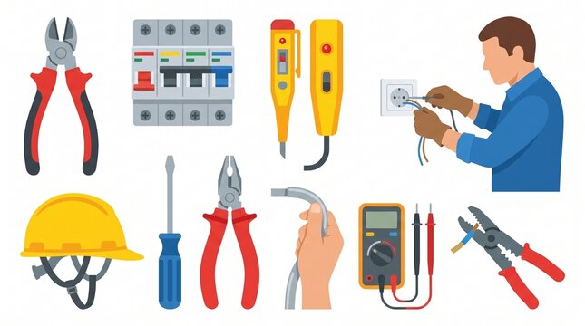 Electrician Trade Tools Vector Icon Set Wiring Voltage Circuit Safety Illustration Collection