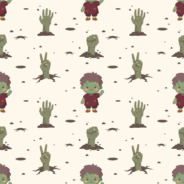 Little Zombie Boy Waving Zombie Hand Peace Sign Underground Seamless Pattern, Fist Crack Hole Halloween Repeating Background Wallpaper Textile Fabric Cute Nursery Graphic, Pajamas Flat Vector