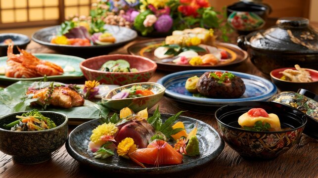 Exquisite Array of Traditional Japanese Cuisine with Colorful Presentation