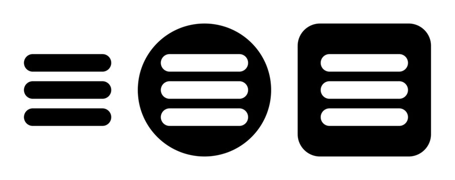 Menu and hamburger navigation icon set featuring three horizontal lines in standalone, circular and rounded square styles for mobile apps, websites, sidebars, dashboards and user interface design.