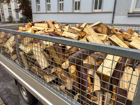 Trailer Loaded with Firewood Logs for Winter Sale