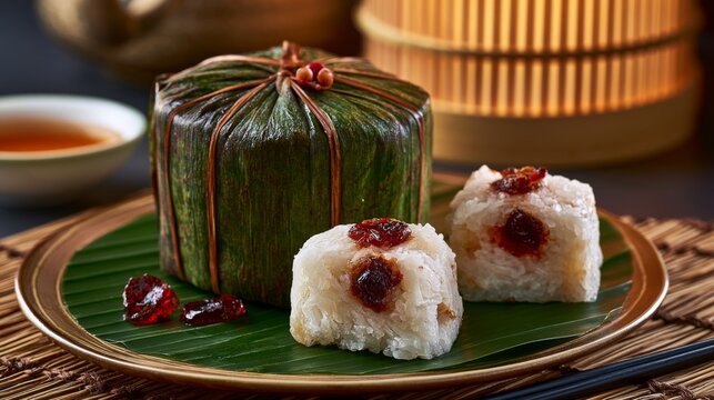 Delicious Sticky Rice Treats with Red Dates in Bamboo Leaves