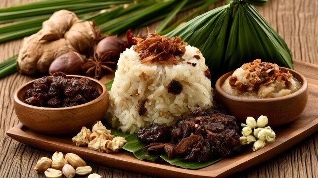 Traditional Asian Cuisine with Rice, Meat, and Garnishes