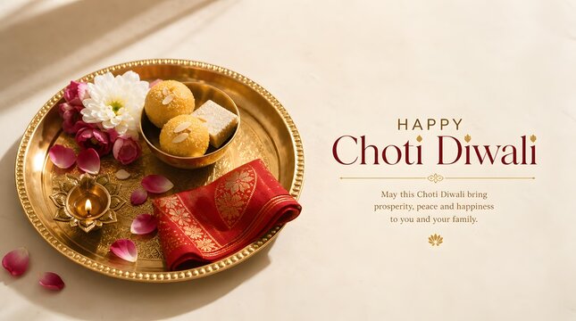 Brass Thali Plate with Traditional Sweets Laddu Burning Diya and Red Silk Fabric Graphic Illustration for Happy Choti Diwali Festival Decorative Greeting Banner Background