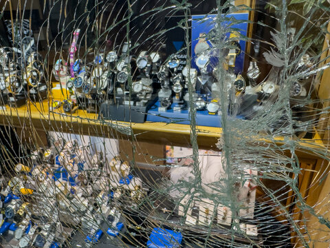 Broken Windowpane After Break-In at Watch Shop