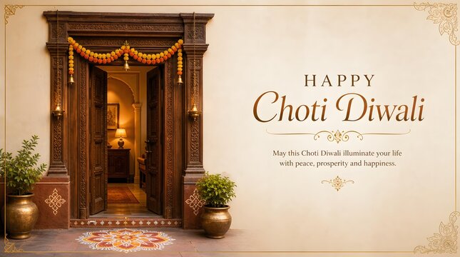 Traditional Carved Wooden Entrance Door with Floor Rangoli Pattern and Hanging Marigold Garlands Graphic Illustration for Happy Choti Diwali Festival Heritage Greeting Banner Background