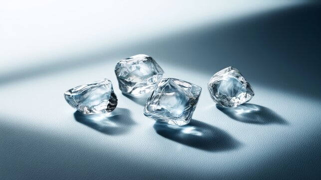 Clear Ice Cubes on Blue Surface with Soft Light and Shadows