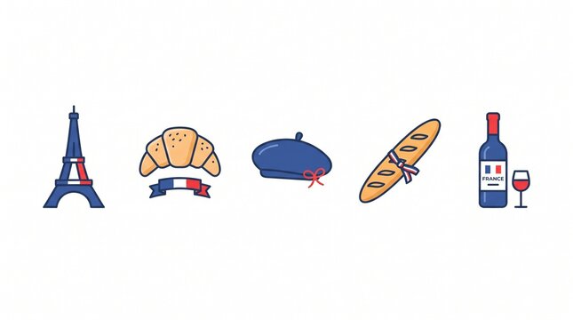 France culture vector icon set Eiffel Tower croissant beret baguette red wine