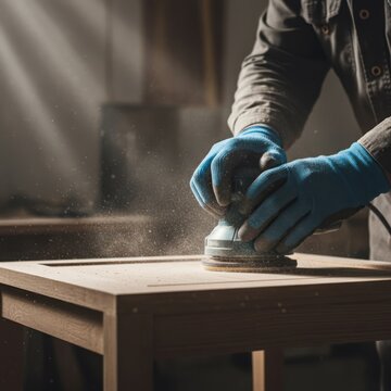 A worker using an electric sander on a wooden board. Woodworking, carpentry craft, furniture making.