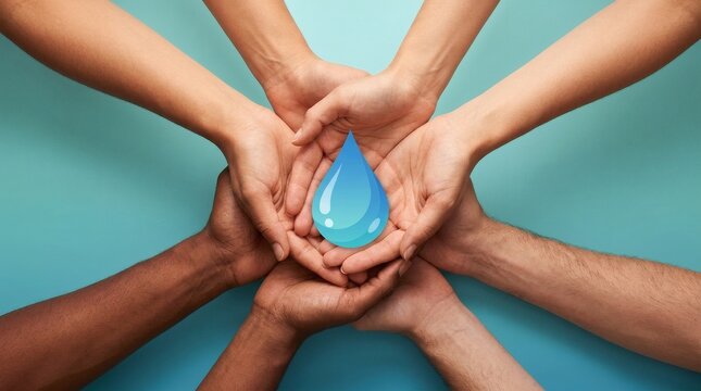 Diverse hands forming a circle around a water droplet symbolizing unity and sustainability in an indoor studio setting