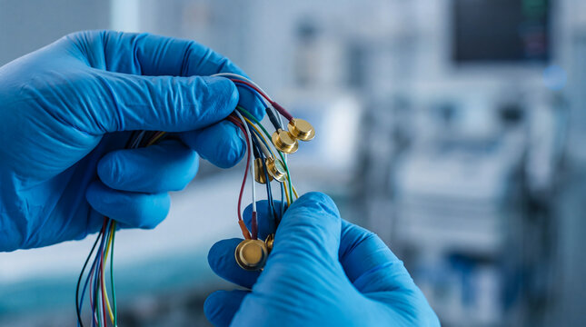 Clinician in blue medical gloves holding EEG electrodes for neurological diagnostic testing in hospital