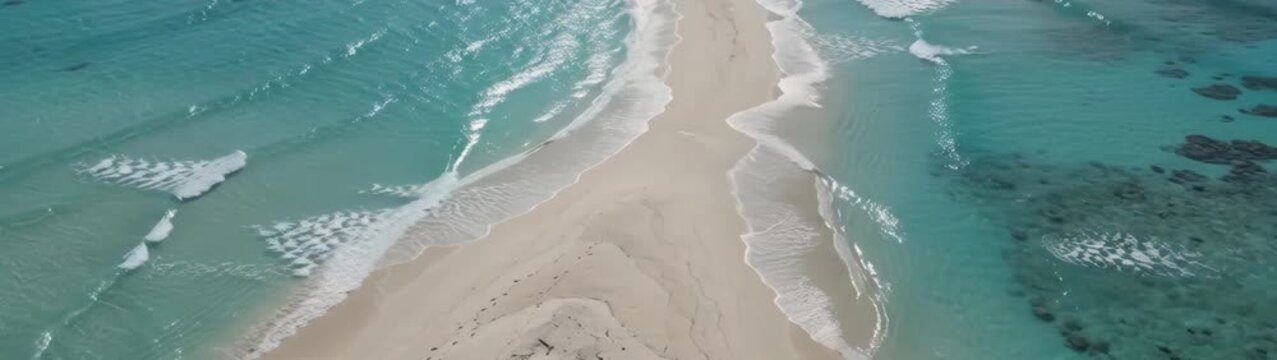 Sandbank forming a v shape separating two bodies of clear ocean Small waves breaking on the pristine shore indicating a peaceful tropical environment.