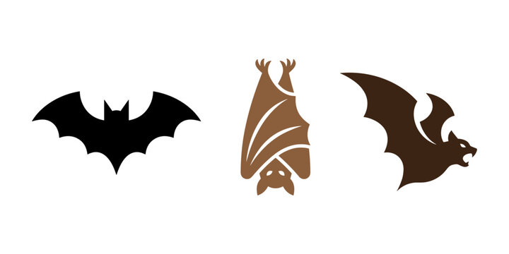Spooky Halloween bat solid vector icon set. Flying, hanging, and swooping silhouettes.