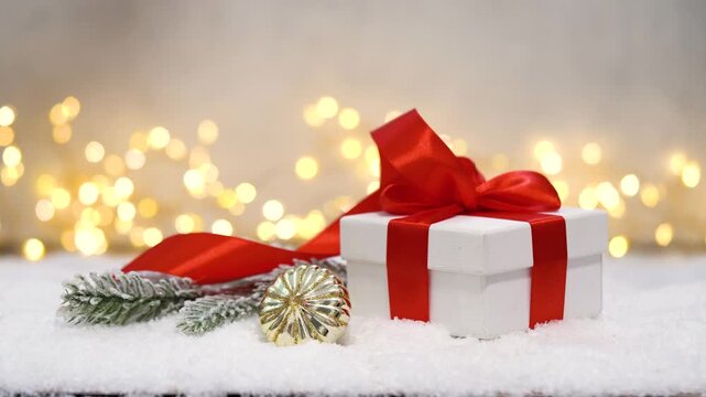 A classic white gift box tied with a bright red satin bow sits on soft snow beside frosted pine and a golden ornament, as warm lights twinkle behind for timeless holiday charm.