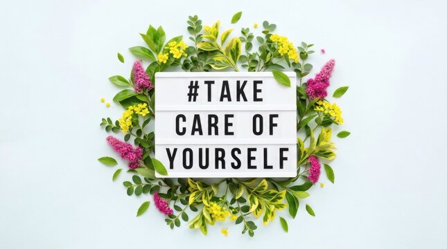 Floral wreath with hashtag text encouraging self-care displayed on light background