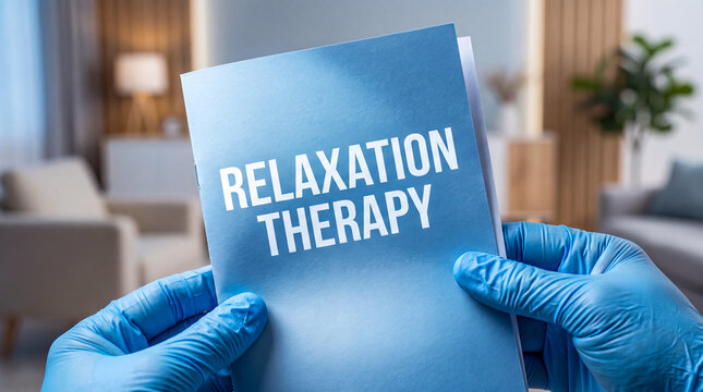 Clinician in blue medical gloves holding a sign with relaxation therapy text in a clinical office