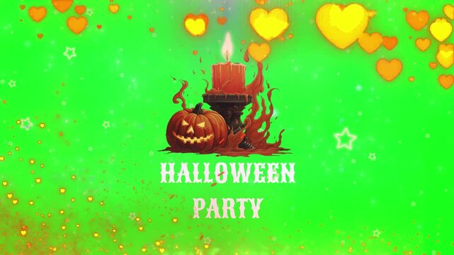 Candle burning beside a carved pumpkin displays the halloween party title text against a bright green screen background filled with floating hearts and glowing stars.