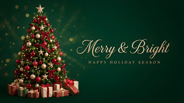 Christmas tree with gifts and merry and bright text on dark green background