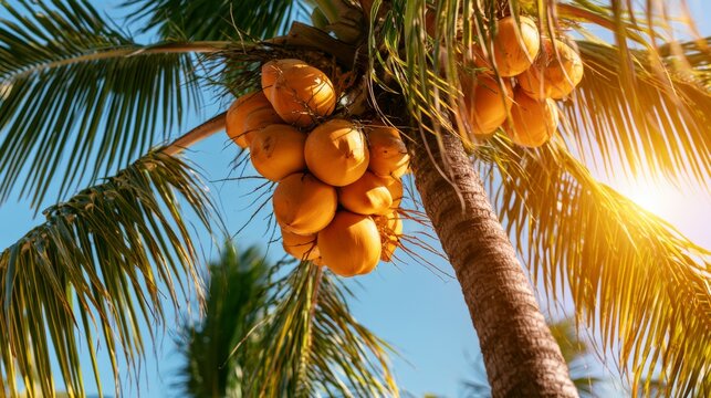 Vibrant Yellow Coconuts Hanging from a Palm Tree Against Blue Sky