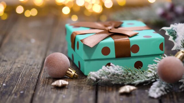 Christmas background with playful teal gift box with brown polka dots and a satin bow sits on weathered wood beside a velvet blush ornament and frosted pine, framed by warm twinkling lights