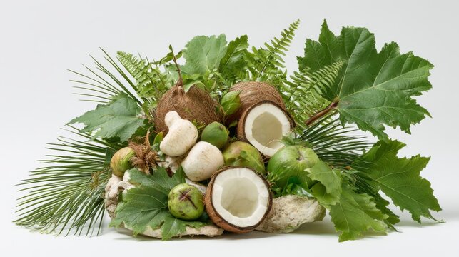 Fresh Tropical Fruits and Green Leaves Arrangement on White Background