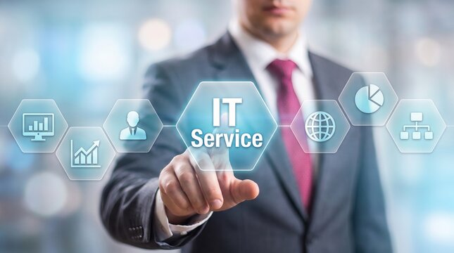 Businessman selecting it service digital icon on interactive touch screen interface with it service business man it solution tech management business technology software servic