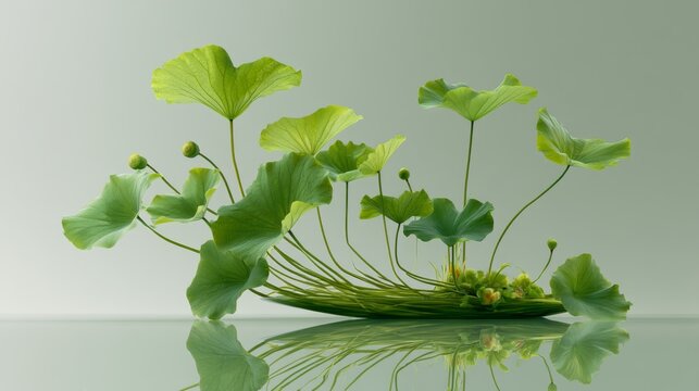 Fresh Green Lotus Leaves Arrangement on Reflective Surface