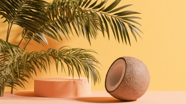 Decorative Coconut and Palm Leaves on Vibrant Yellow Background